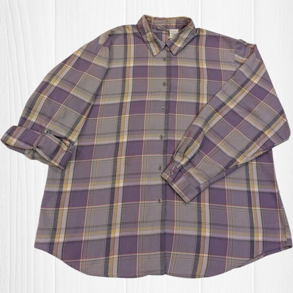 Koret Tops - Women's Koret Purple Plaid Button Up Long Sleeve Top With Roll Up Option XL